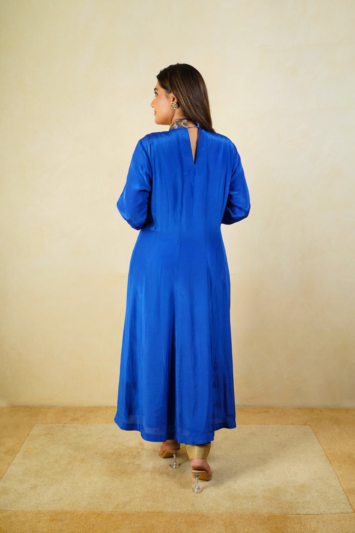 Royal Blue High Neck Satin Crepe Suit Set