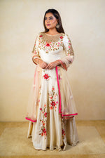 Off-White Raw Silk Floral Embroidered Anarkali Gown