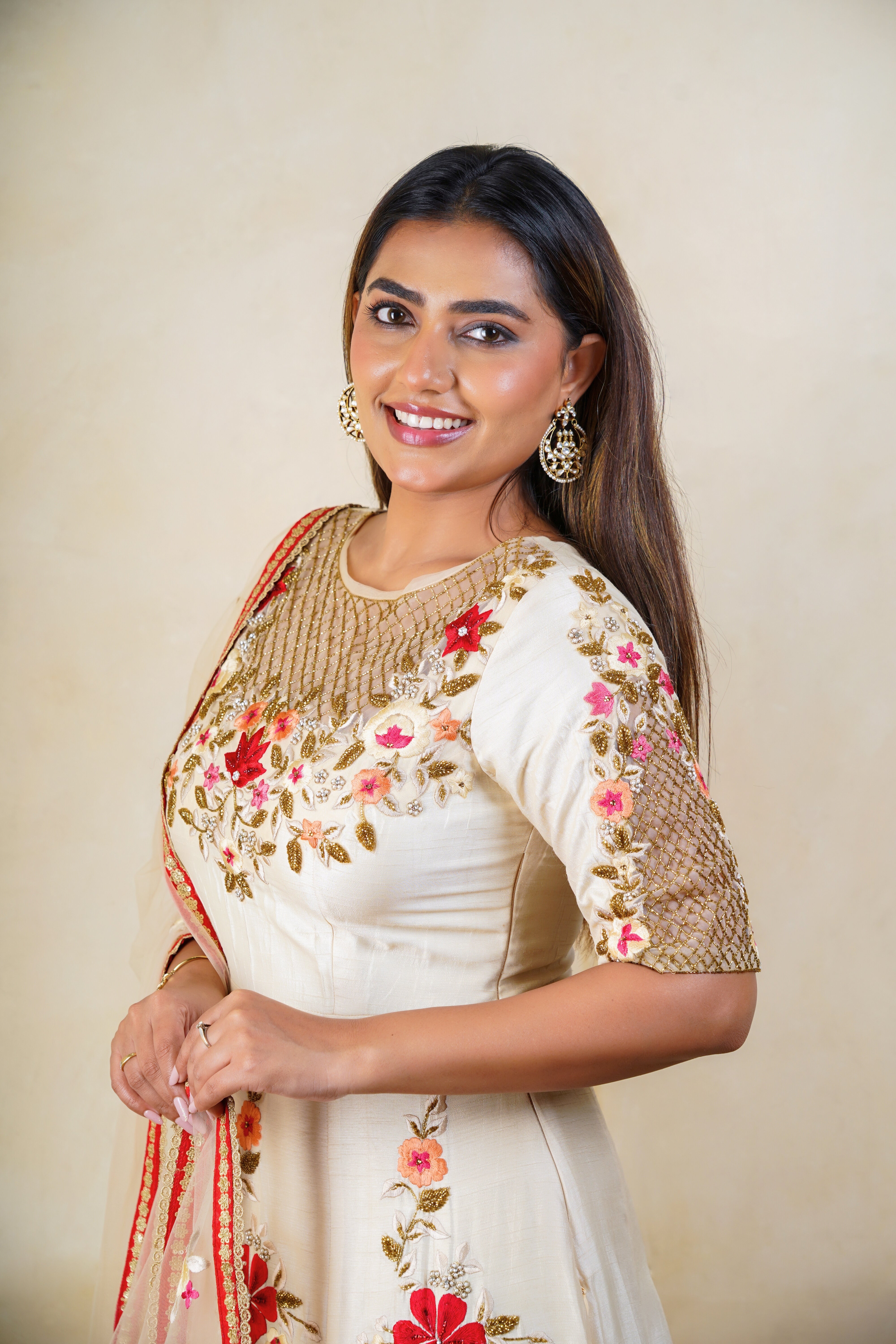 Off-White Raw Silk Floral Embroidered Anarkali Gown