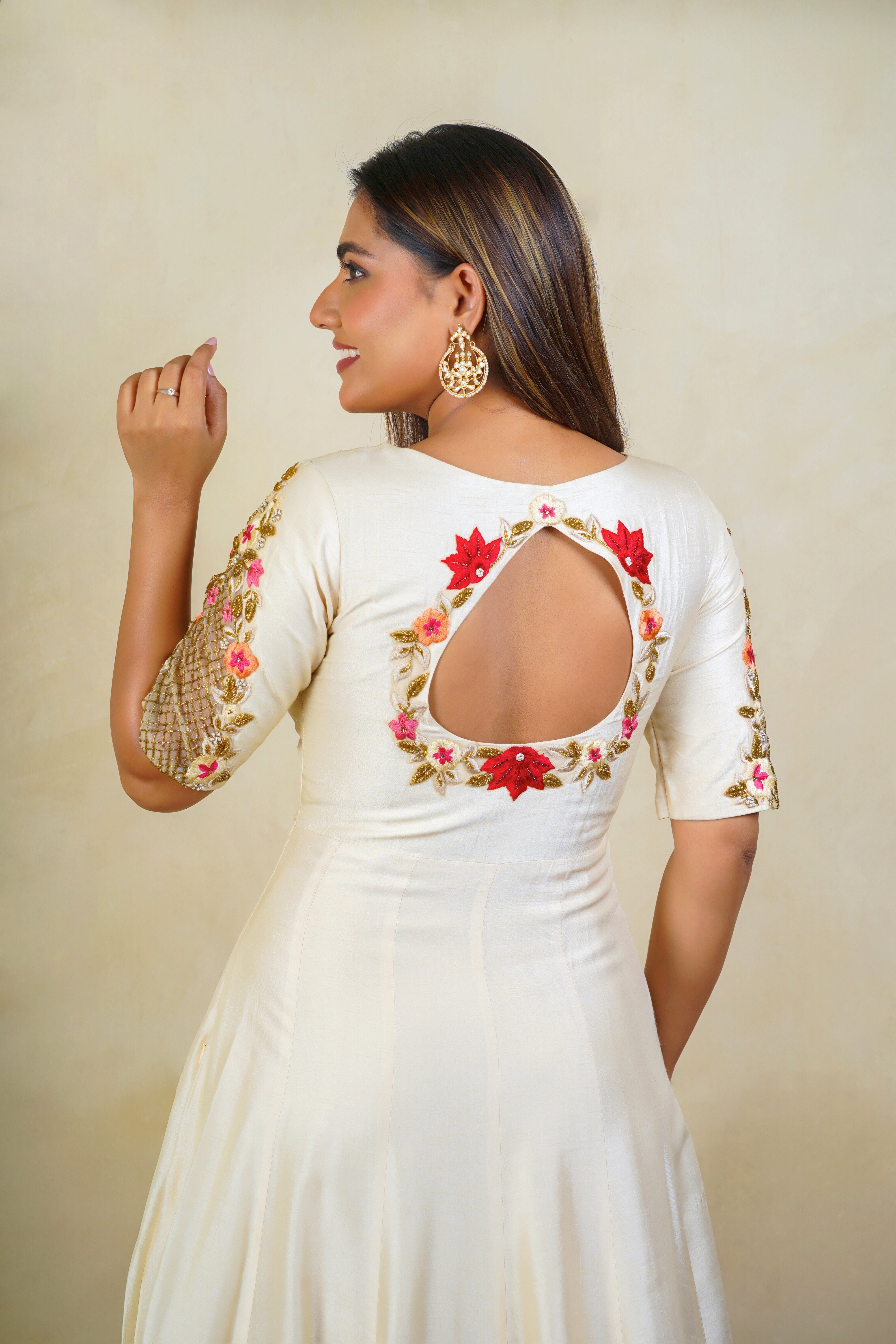 Off-White Raw Silk Floral Embroidered Anarkali Gown