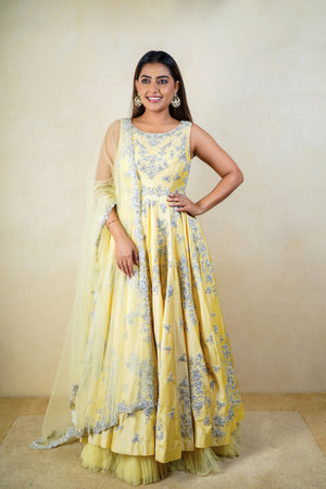 Creamy Yellow Silk Heavy Embroidered Anarkali Suit Set