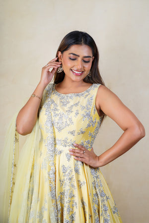 Creamy Yellow Silk Heavy Embroidered Anarkali Suit Set