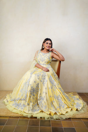 Creamy Yellow Silk Heavy Embroidered Anarkali Suit Set
