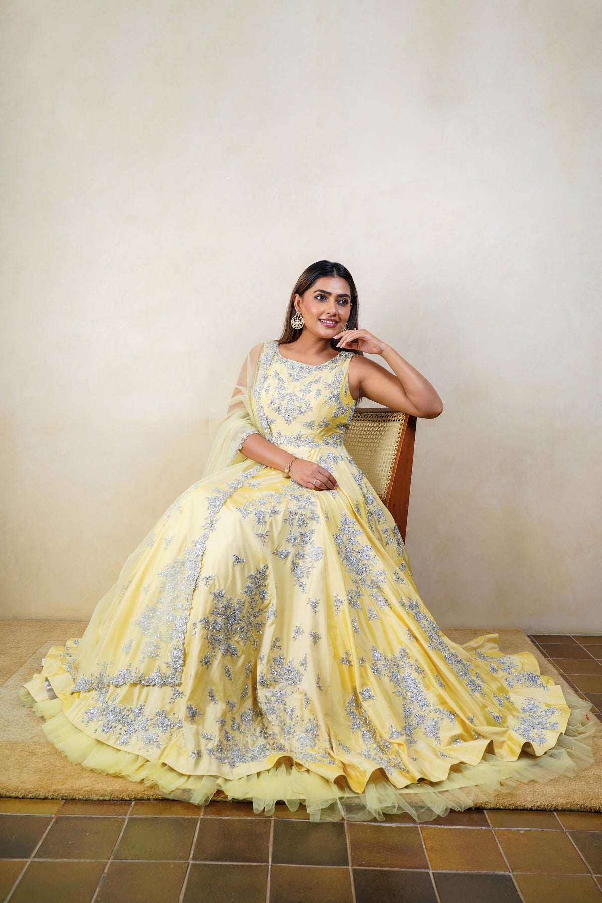 Creamy Yellow Silk Heavy Embroidered Anarkali Suit Set