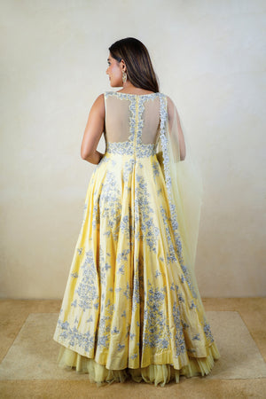 Creamy Yellow Silk Heavy Embroidered Anarkali Suit Set