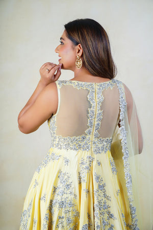 Creamy Yellow Silk Heavy Embroidered Anarkali Suit Set