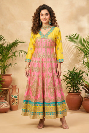 Vibrant Yellow & Pink Silk Anarkali Suit Set with Heavy Gold Embroidery