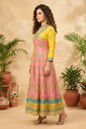 Vibrant Yellow & Pink Silk Anarkali Suit Set with Heavy Gold Embroidery