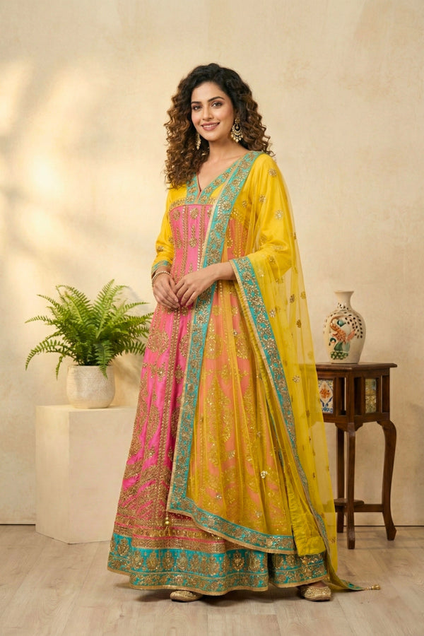 Vibrant Yellow & Pink Silk Anarkali Suit Set with Heavy Gold Embroidery