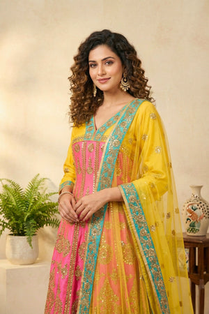 Vibrant Yellow & Pink Silk Anarkali Suit Set with Heavy Gold Embroidery