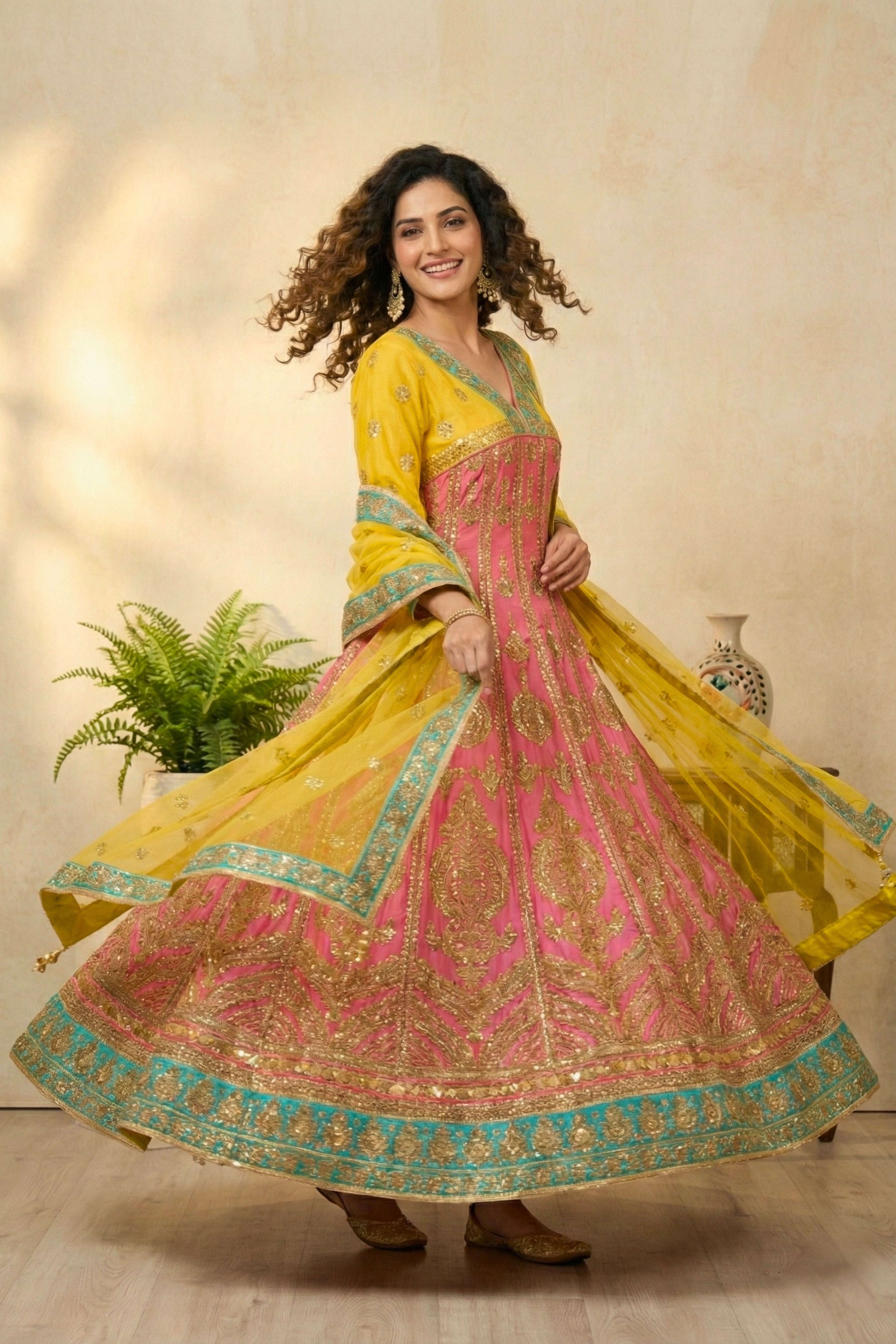 Vibrant Yellow & Pink Silk Anarkali Suit Set with Heavy Gold Embroidery