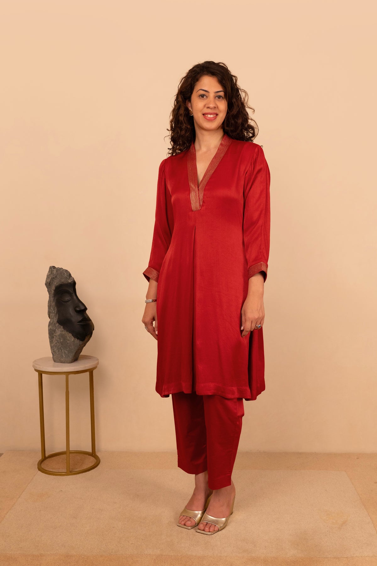 Scarlet Red Crepe Satin Kurta and Pant Co-ord Set