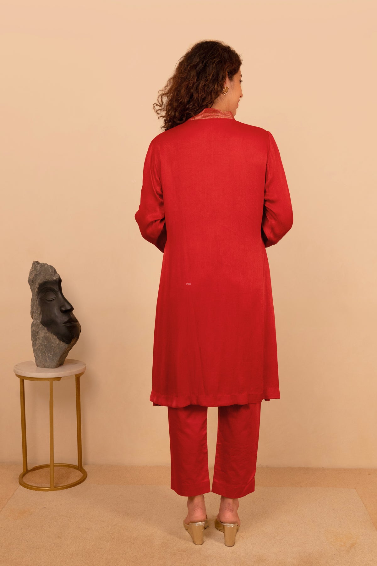 Scarlet Red Crepe Satin Kurta and Pant Co-ord Set