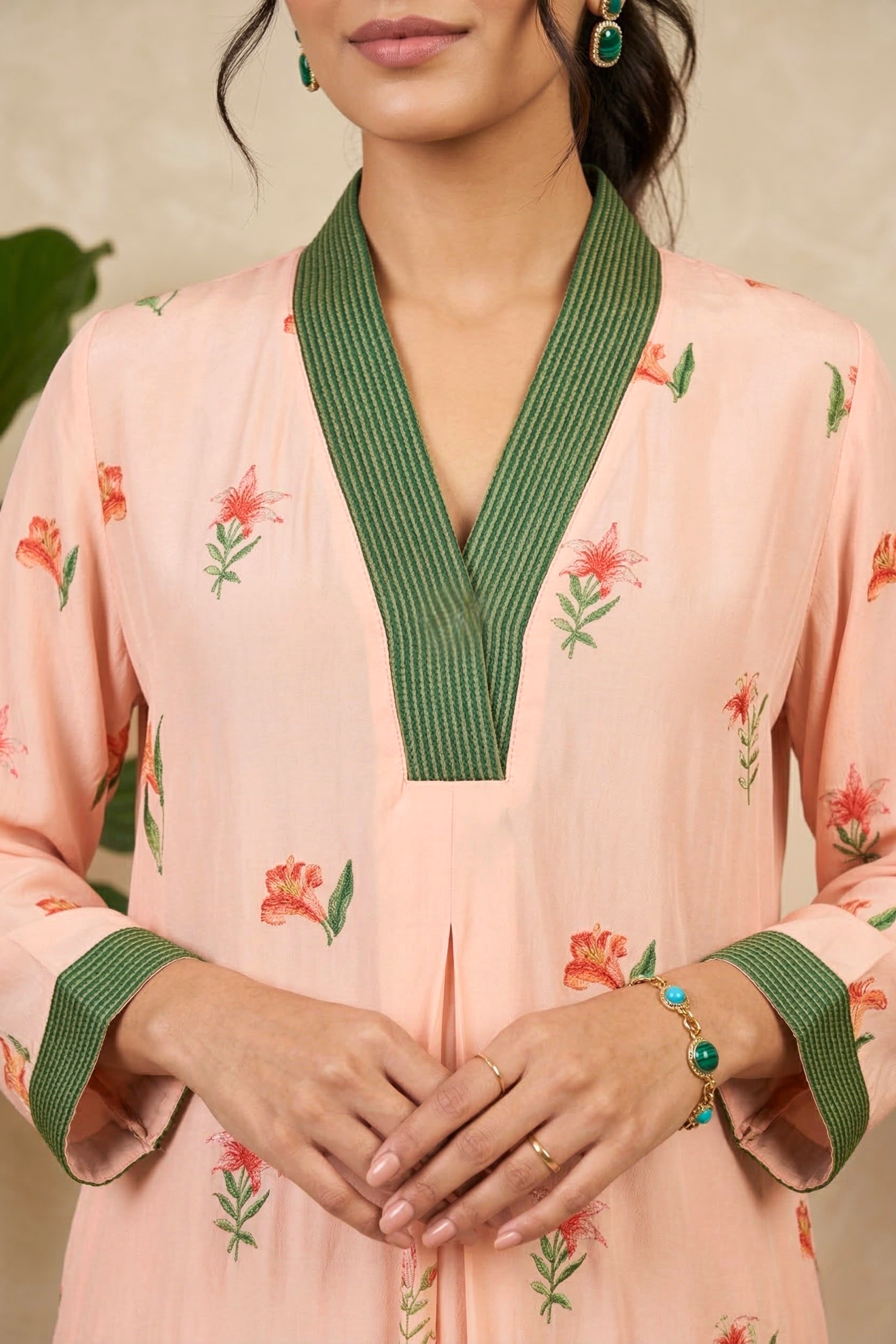 Elegant Peach Floral Printed Crepe Kurti with Contrast Green Neckline