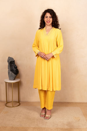 Bright Yellow Crepe Kurta and Pant Co-ord Set