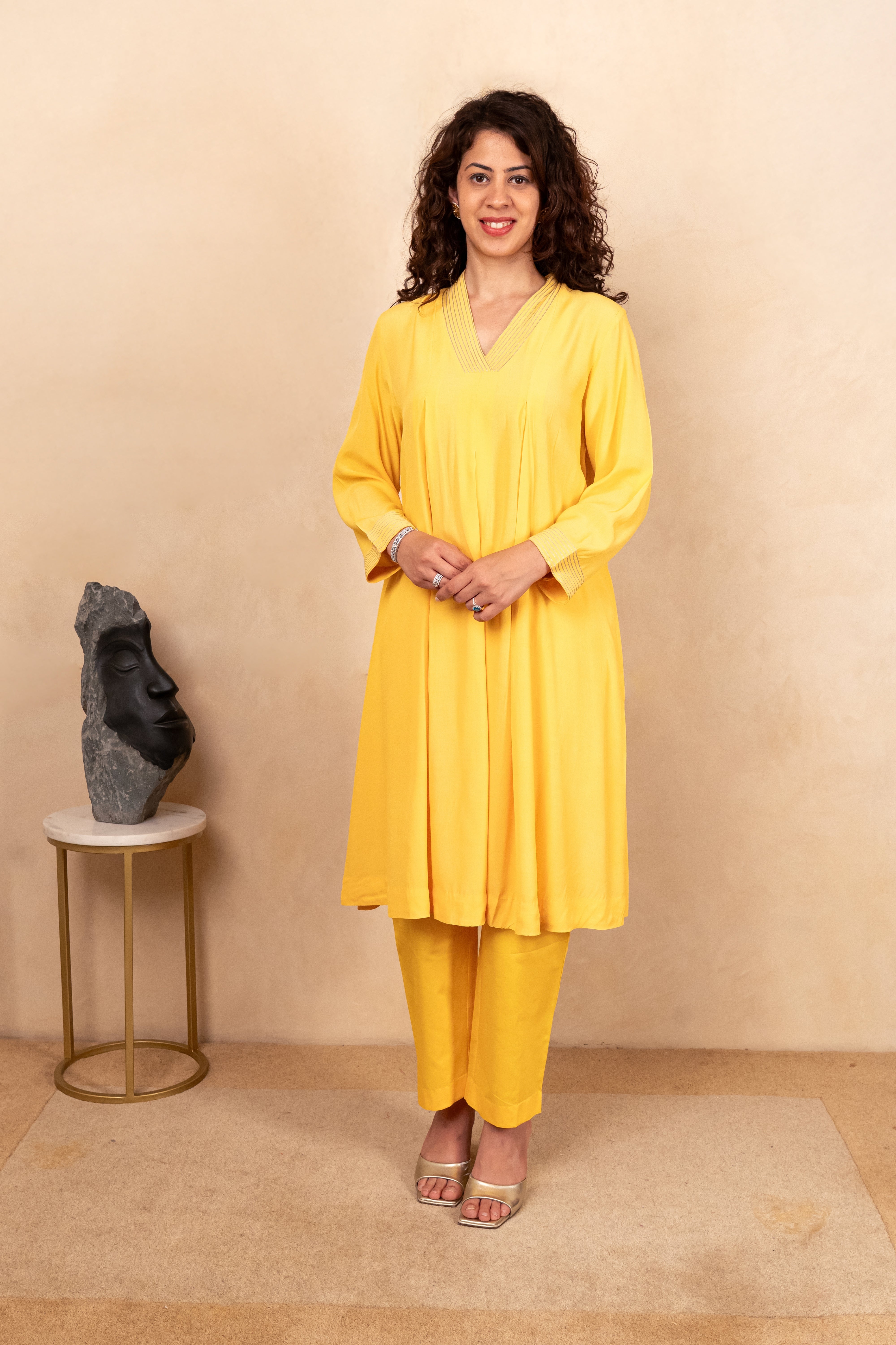 Bright Yellow Crepe Kurta and Pant Co-ord Set
