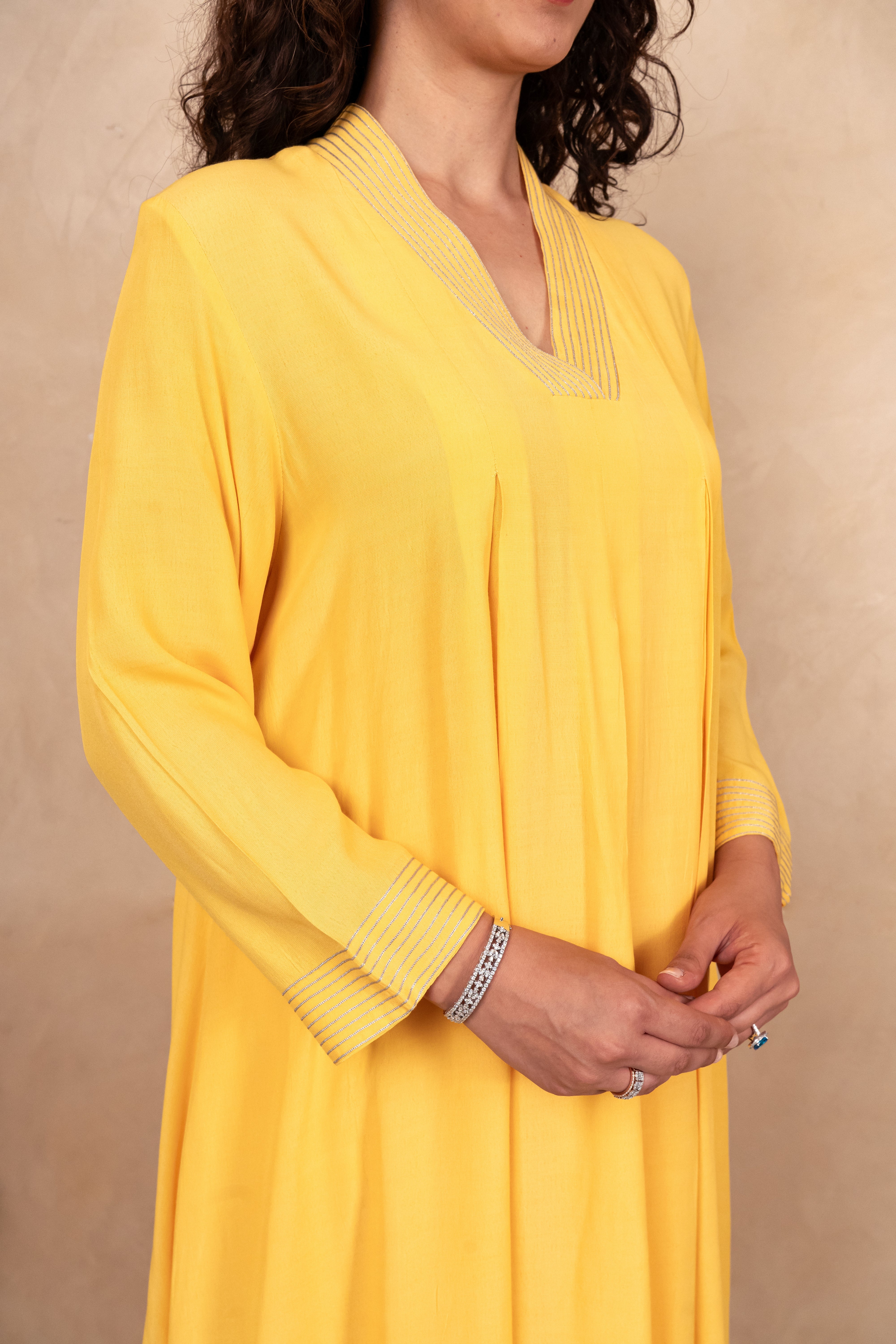 Bright Yellow Crepe Kurta and Pant Co-ord Set