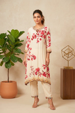 Cream and Red Floral Printed Crepe Kurti Set with Jewel Embellishments