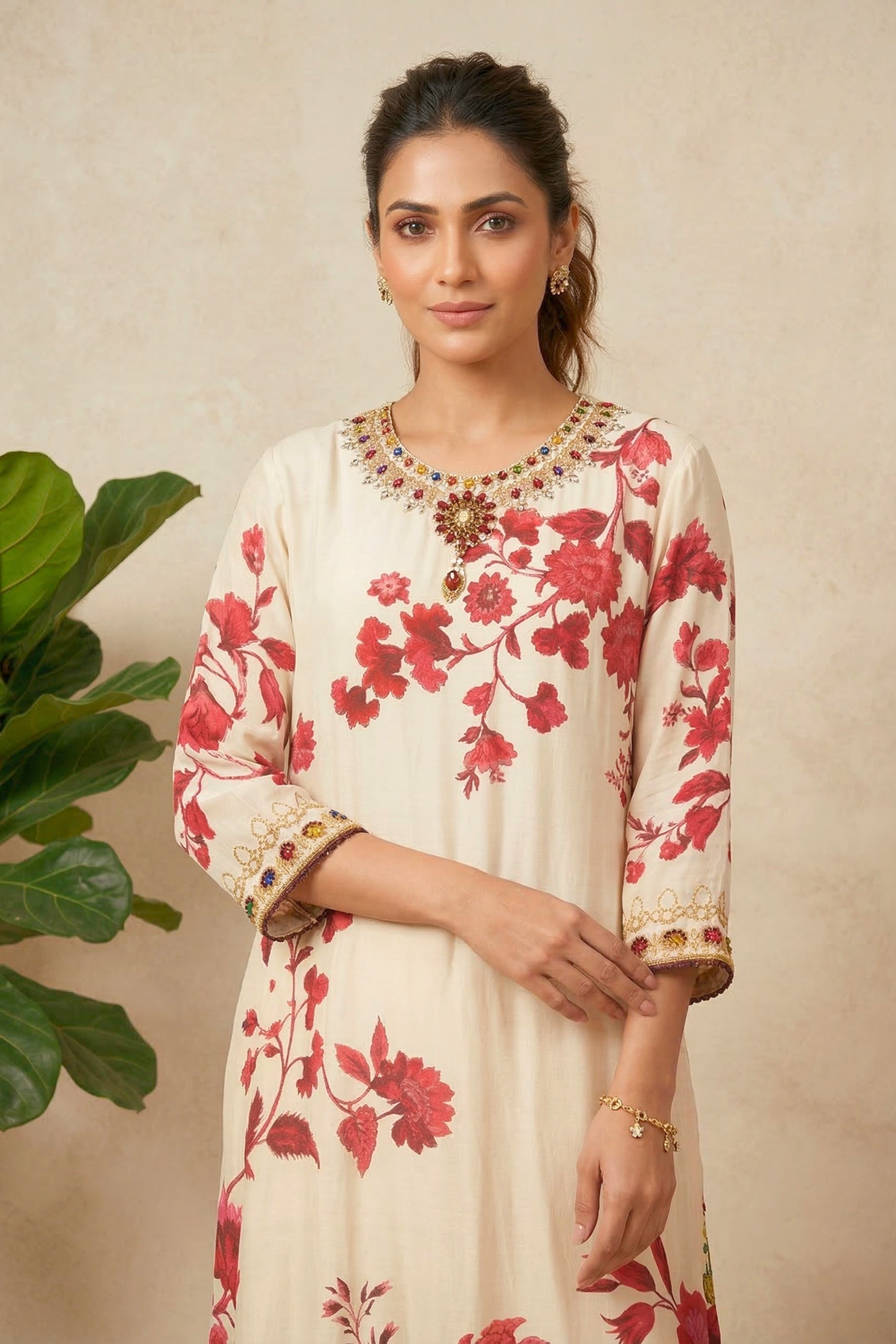 Cream and Red Floral Printed Crepe Kurti Set with Jewel Embellishments