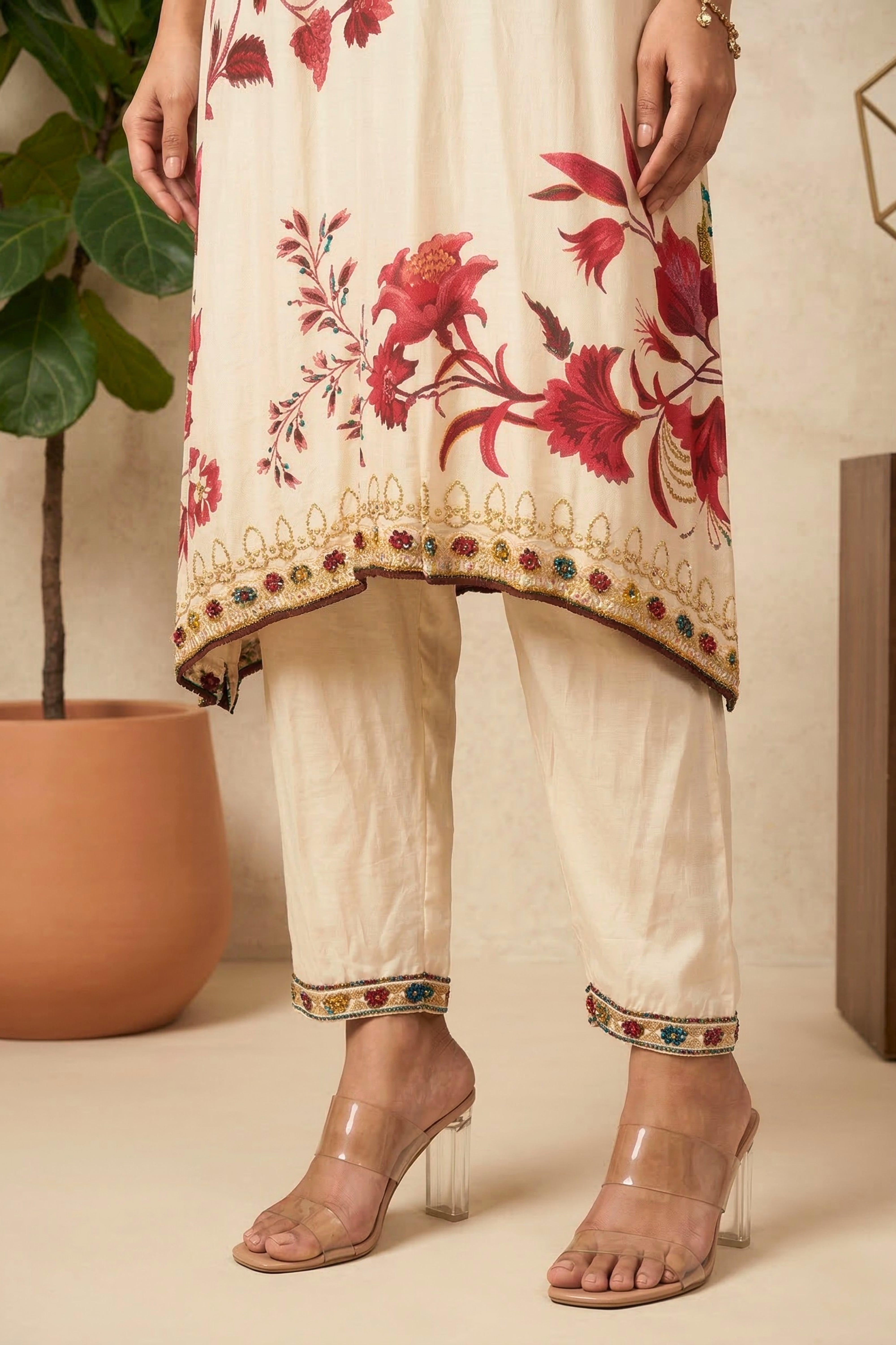 Cream and Red Floral Printed Crepe Kurti Set with Jewel Embellishments