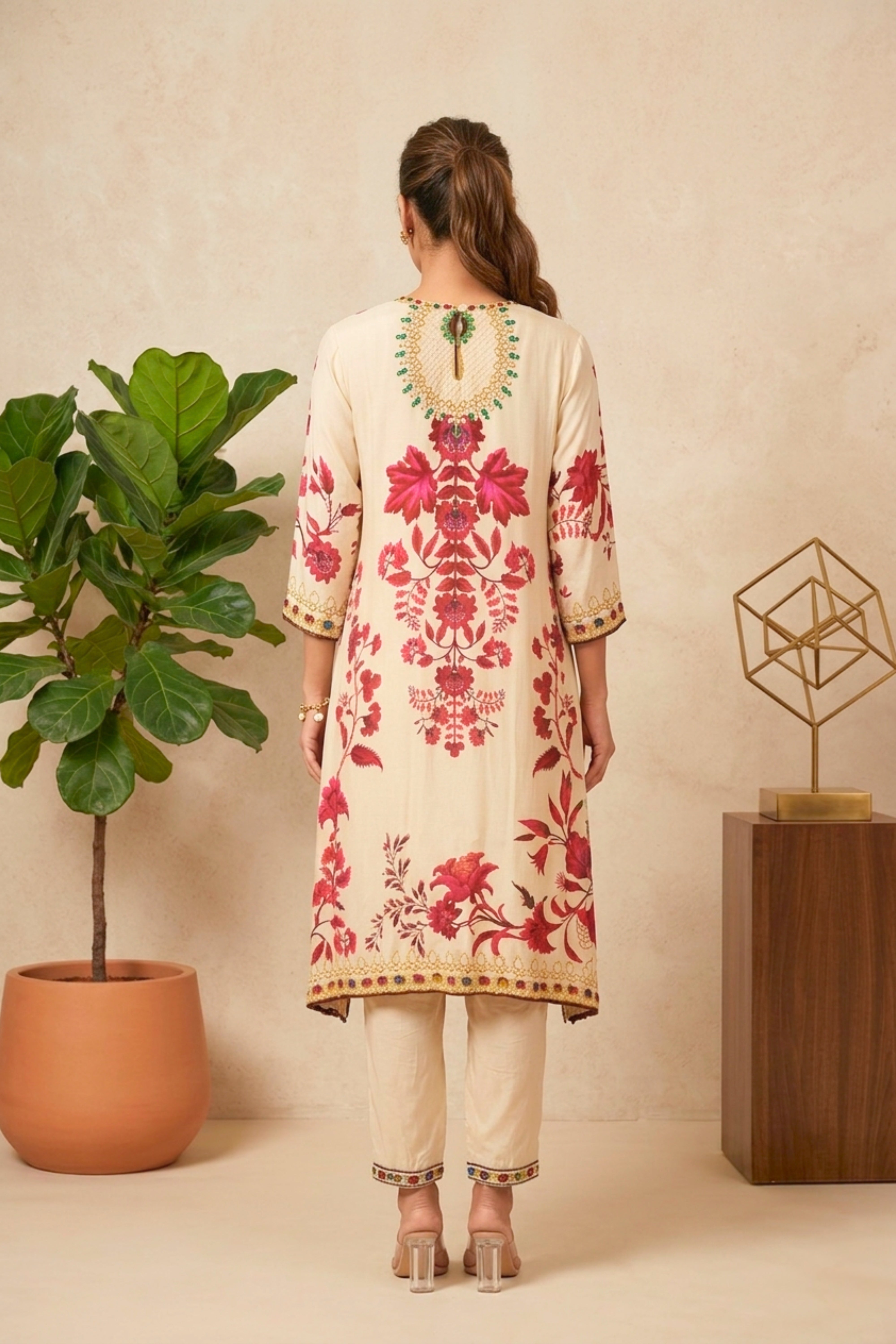 Cream and Red Floral Printed Crepe Kurti Set with Jewel Embellishments