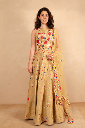 Golden Beige Indo-Western Floral Anarkali Suit Set