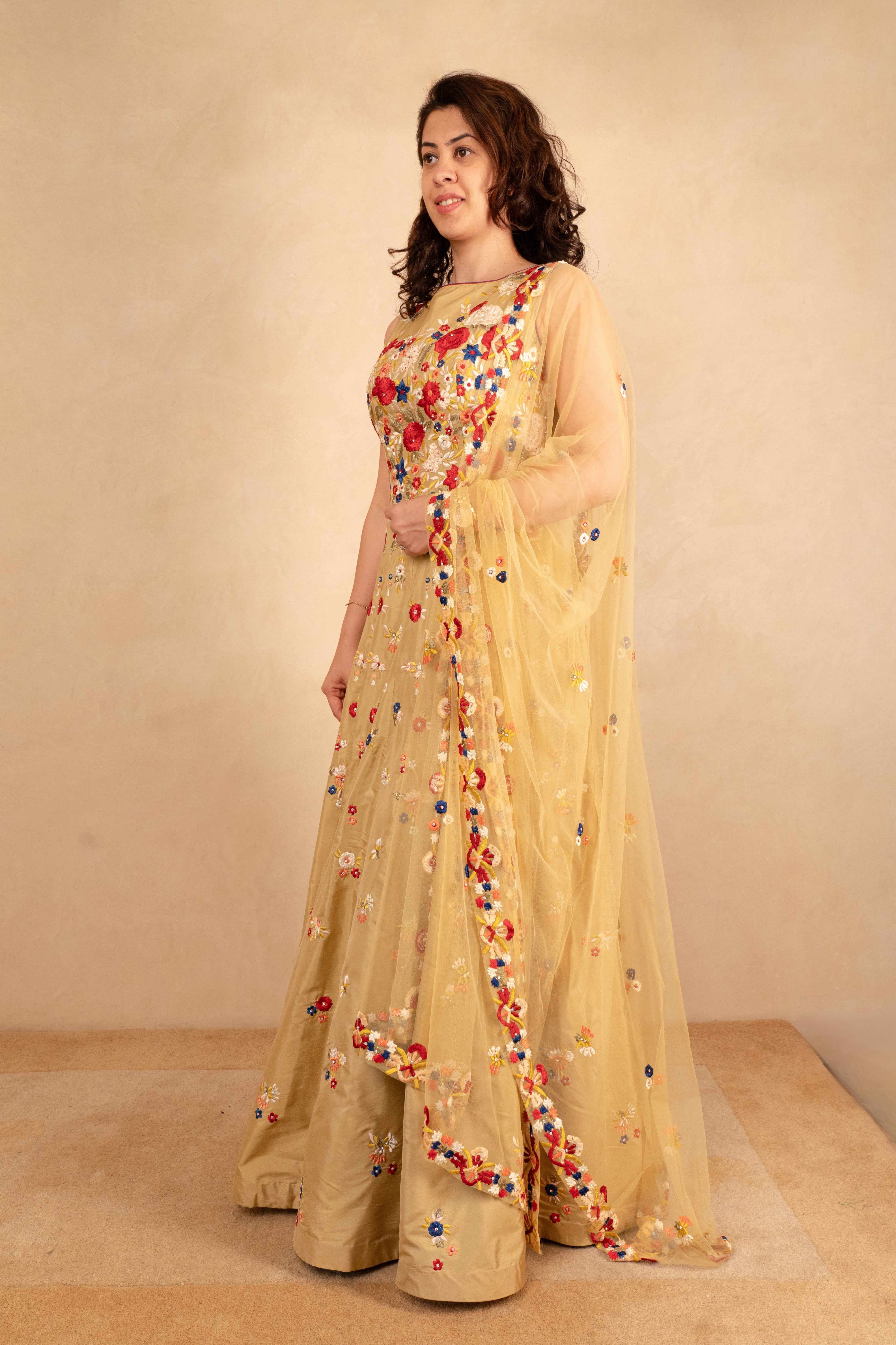 Golden Beige Indo-Western Floral Anarkali Suit Set