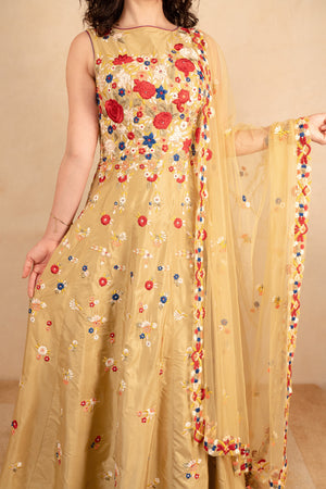 Golden Beige Indo-Western Floral Anarkali Suit Set