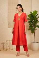 Radiant Red Raw Silk Kurti Set with Kundan Motifs