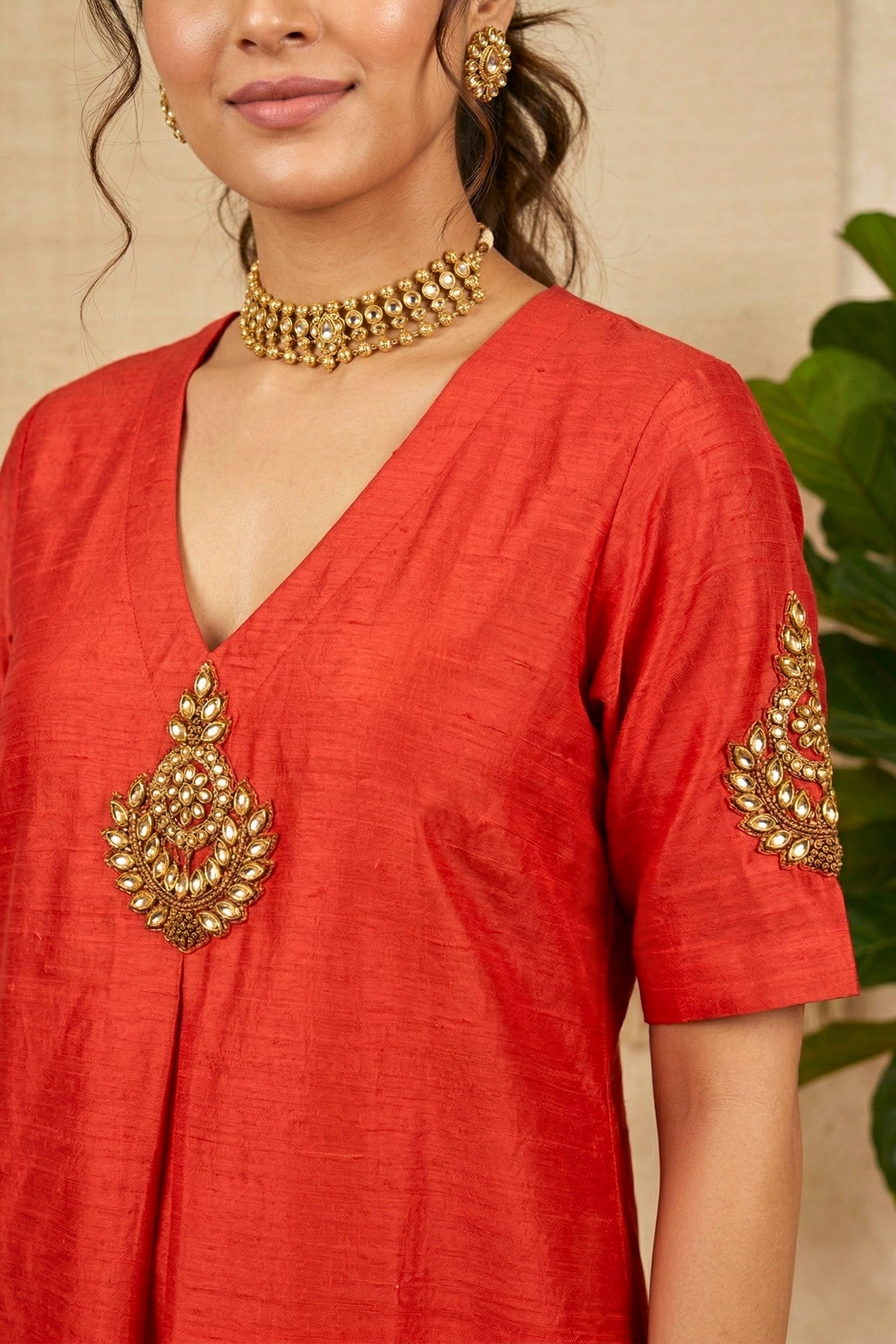 Radiant Red Raw Silk Kurti Set with Kundan Motifs