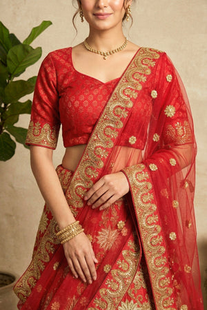 Red Silk Bridal Lehenga Set with Heavy Gold Zari Embroidery