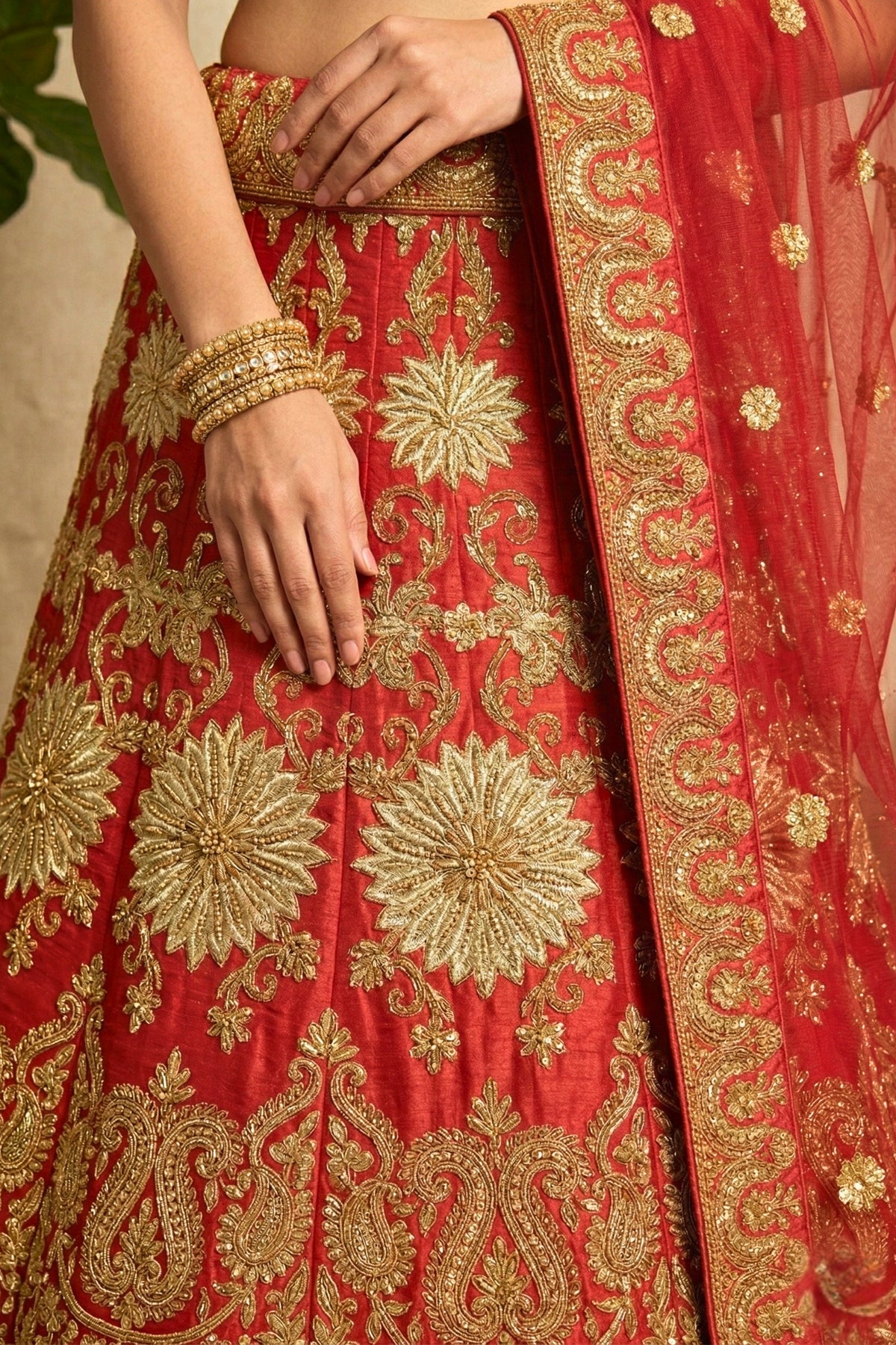 Red Silk Bridal Lehenga Set with Heavy Gold Zari Embroidery