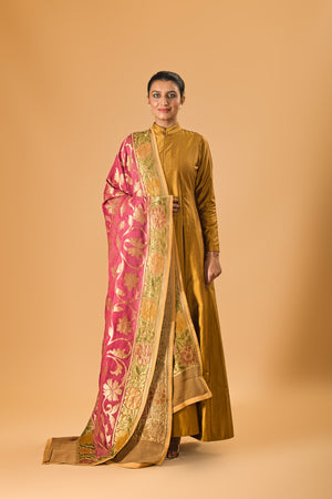 Copper Gold Silk Anarkali with Rich Pink Banarasi Dupatta