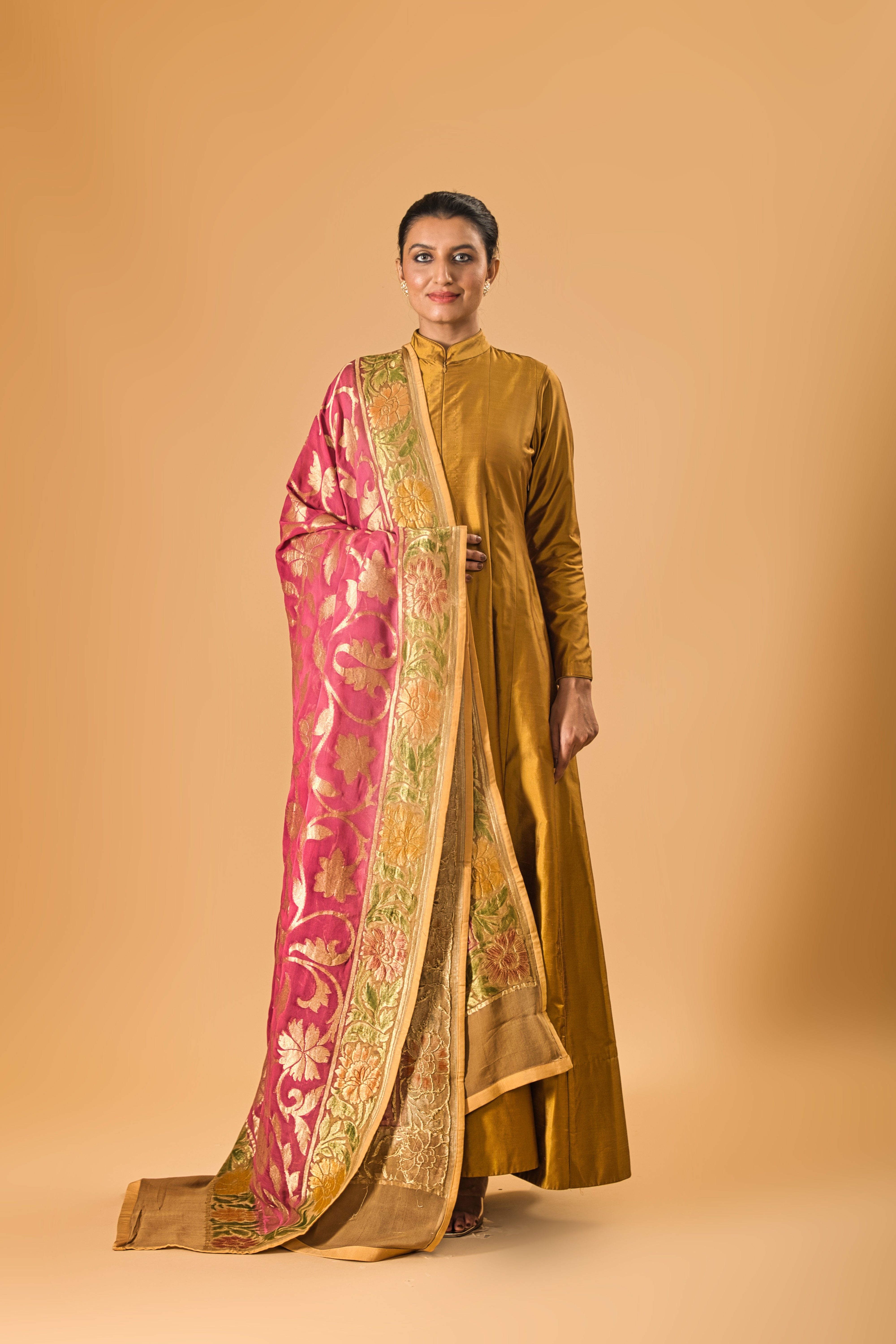 Copper Gold Silk Anarkali with Rich Pink Banarasi Dupatta