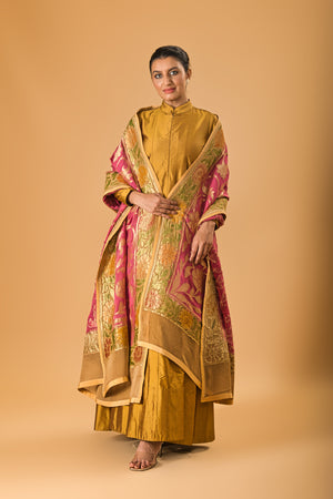 Copper Gold Silk Anarkali with Rich Pink Banarasi Dupatta