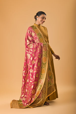 Copper Gold Silk Anarkali with Rich Pink Banarasi Dupatta
