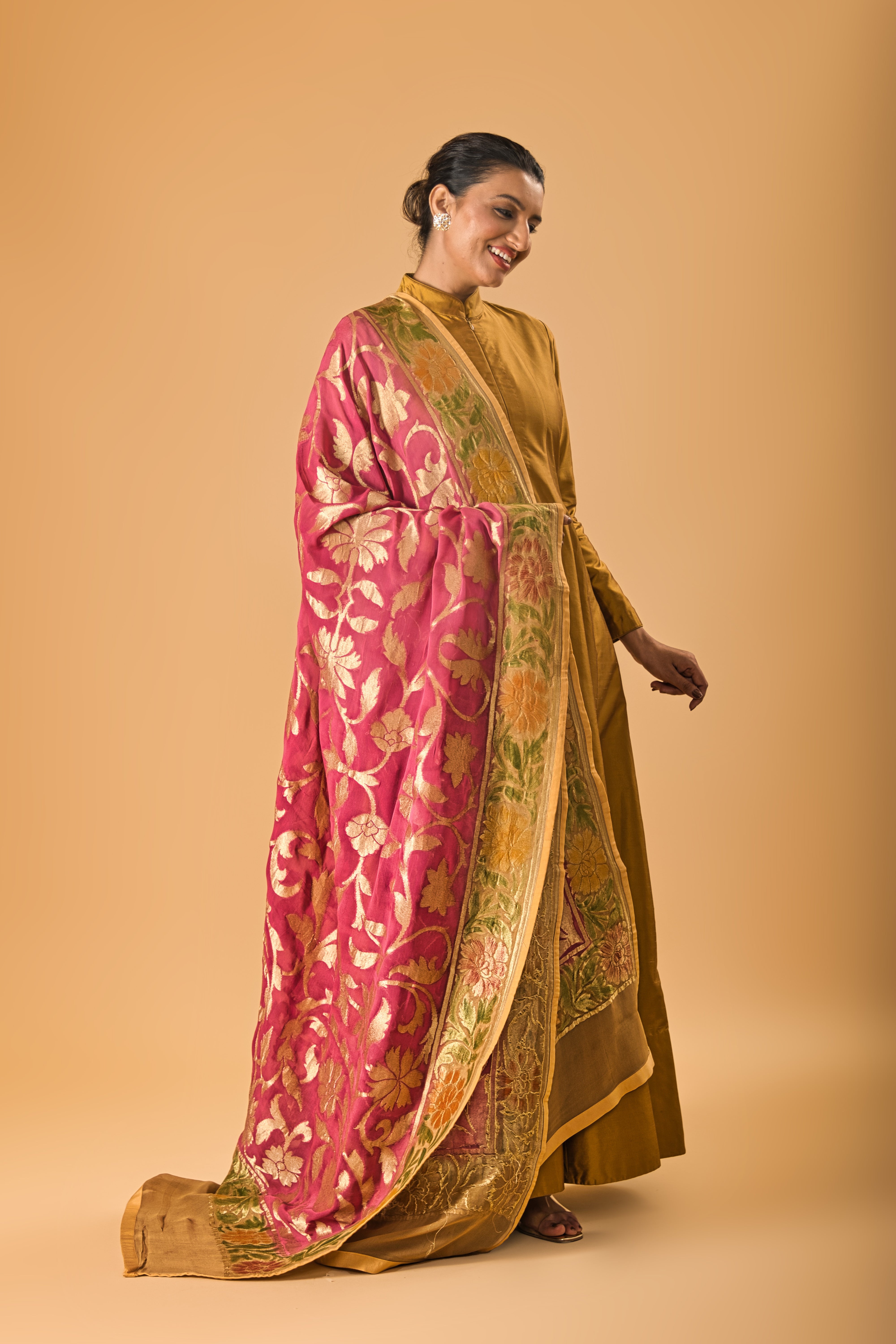 Copper Gold Silk Anarkali with Rich Pink Banarasi Dupatta