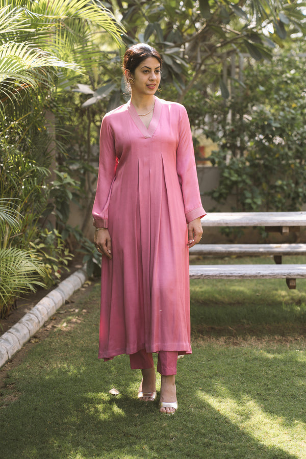 Pink Crepe Pleated Anarkali Suit with Pants