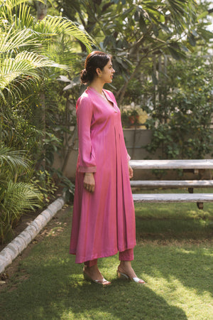 Pink Crepe Pleated Anarkali Suit with Pants