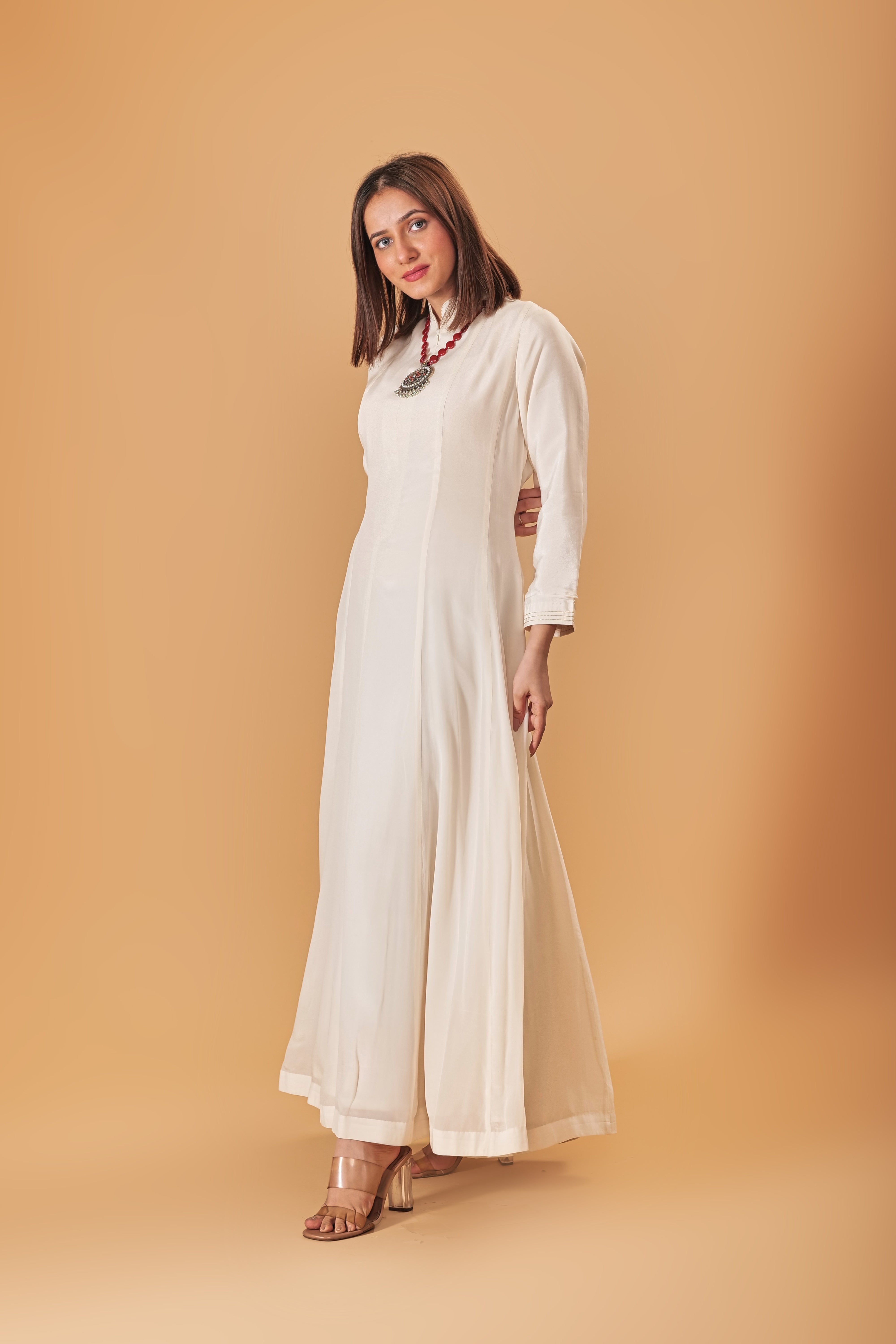 Pearl Ivory Soft Crepe Indowestern Semi Anarkali Gown