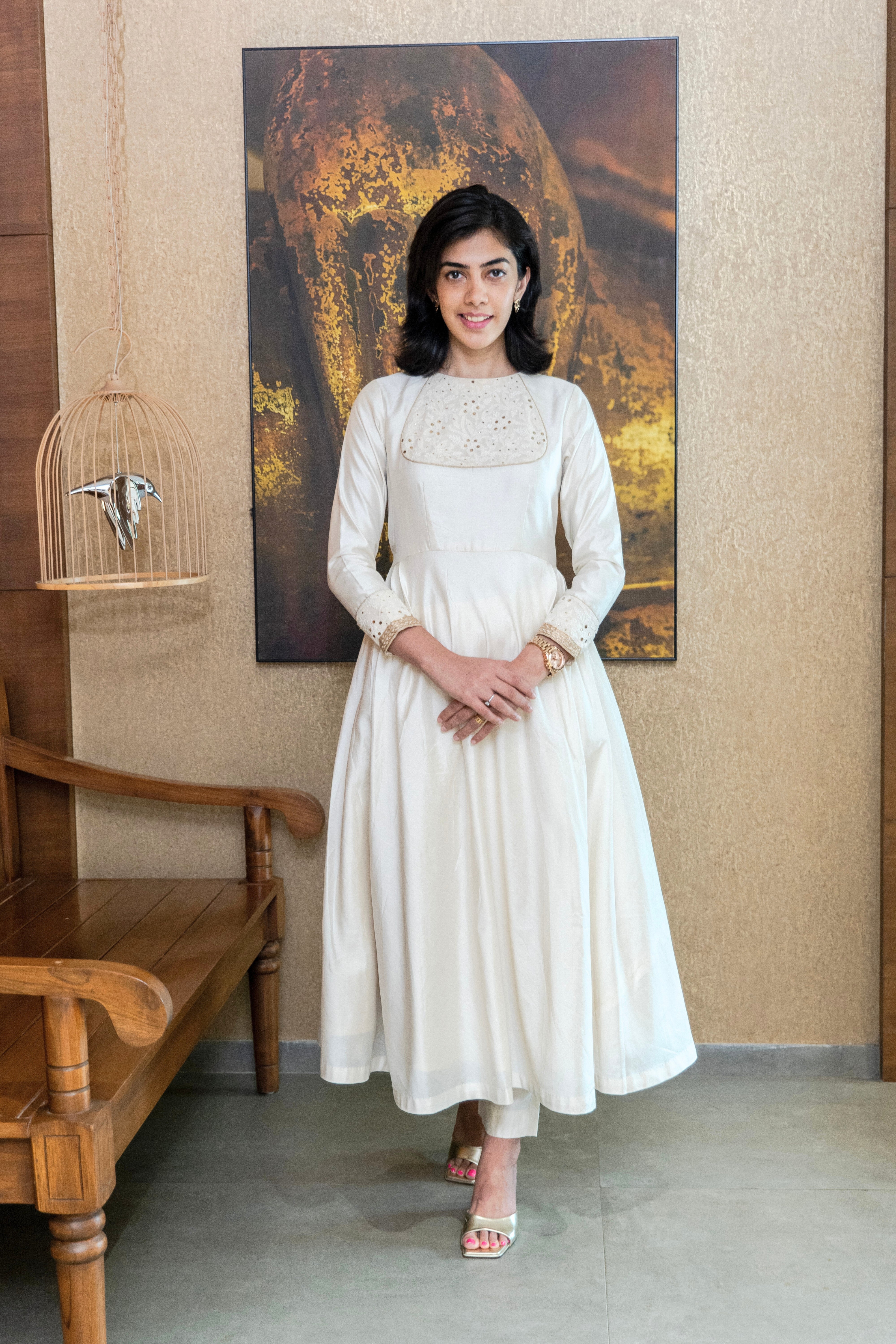 White Silk Chikankari Neck Kalidar Suit Set