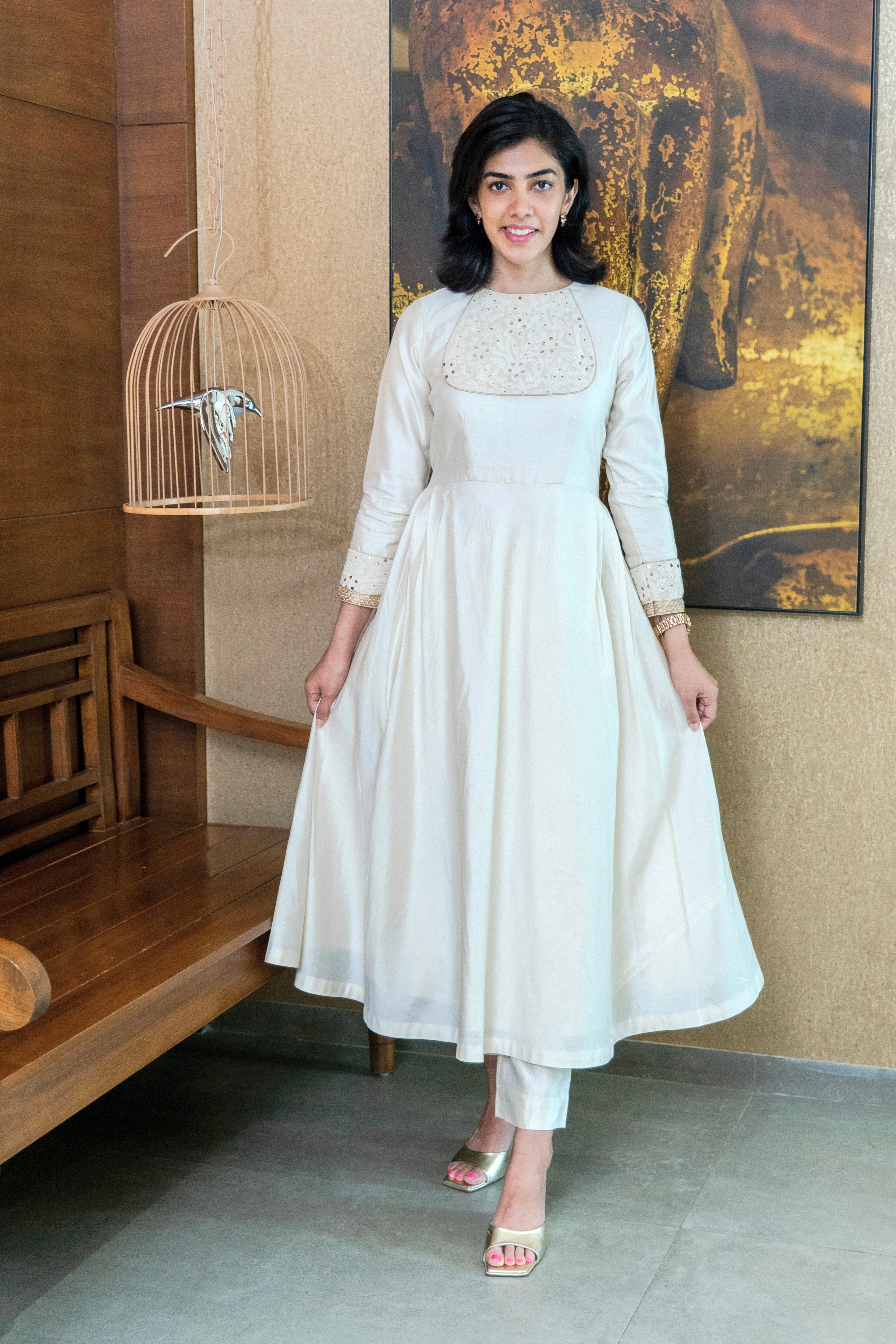 White Silk Chikankari Neck Kalidar Suit Set