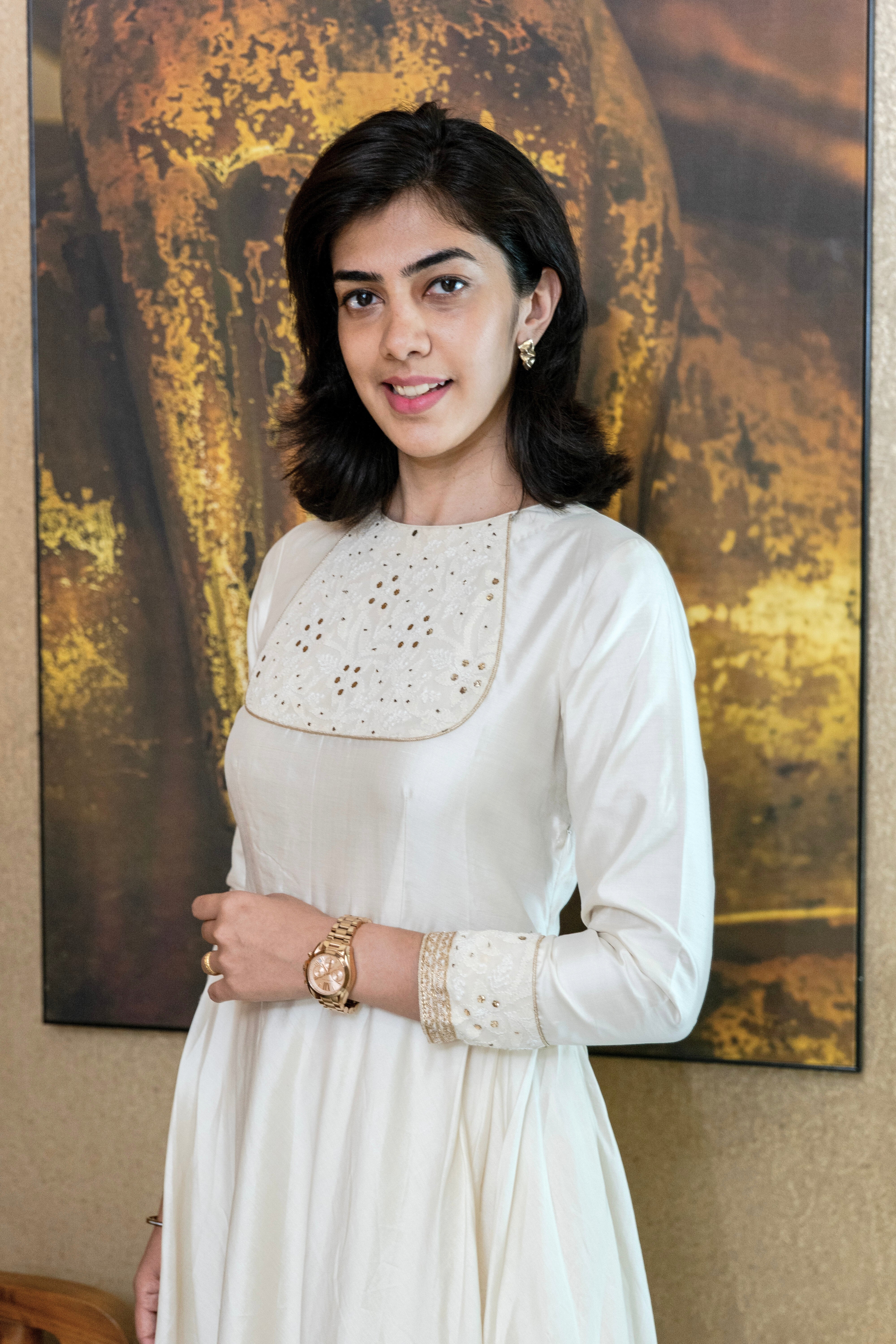 White Silk Chikankari Neck Kalidar Suit Set