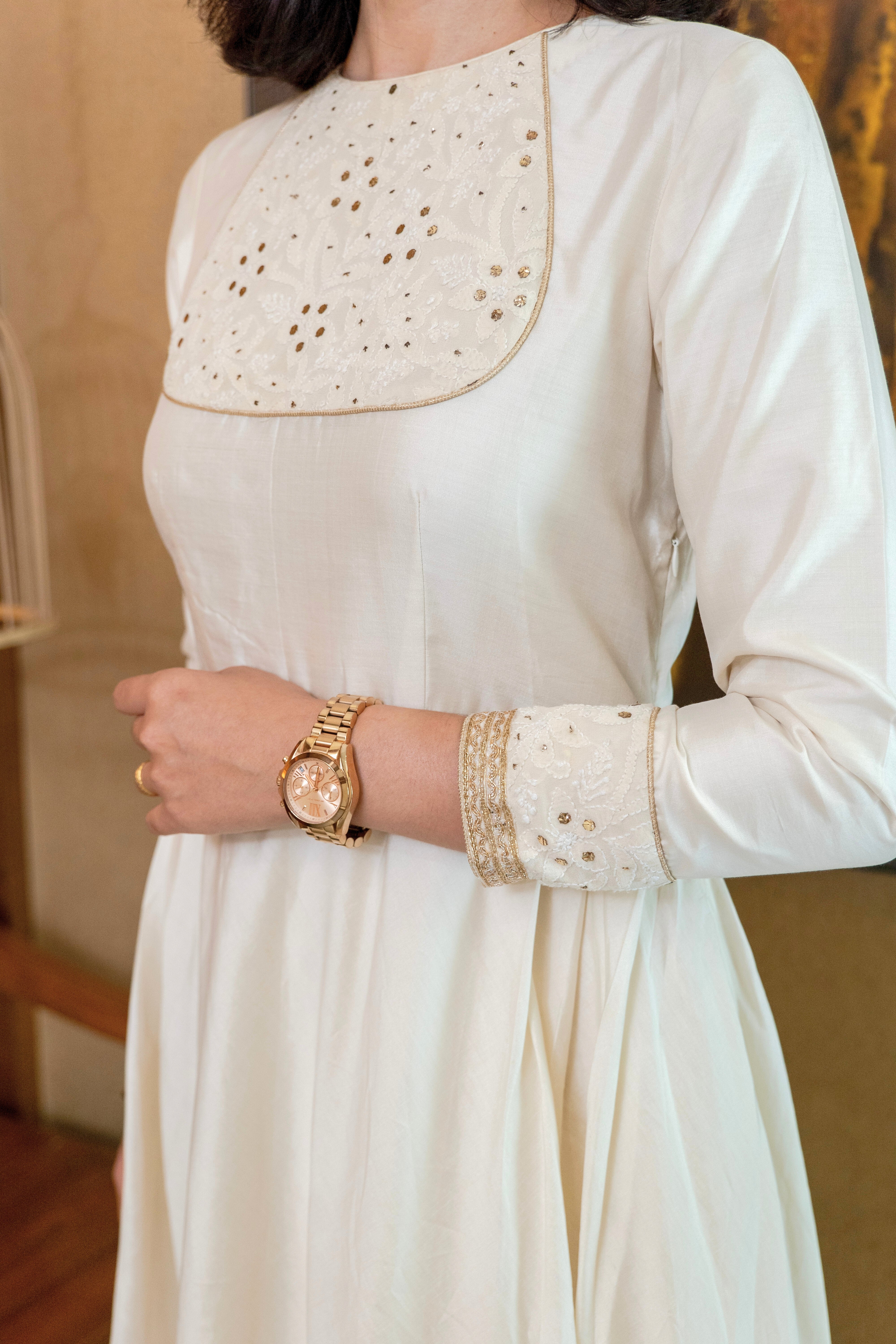 White Silk Chikankari Neck Kalidar Suit Set