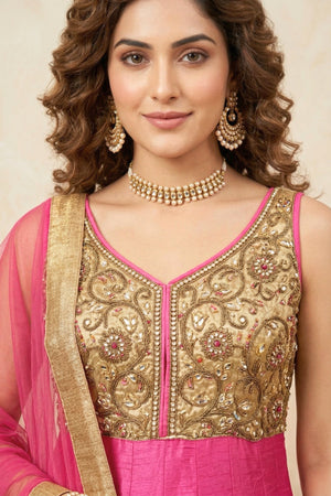Majestic Rani Pink Raw Silk Anarkali Suit Set with Heavy Gold Zardozi Embroidery