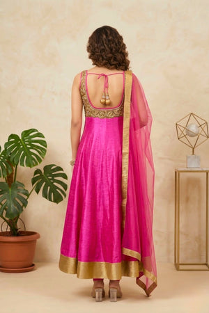 Majestic Rani Pink Raw Silk Anarkali Suit Set with Heavy Gold Zardozi Embroidery