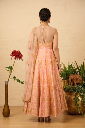 Exquisite Light Pink Silk Anarkali Gown with Matte Gold Applique & Illusion Neckline