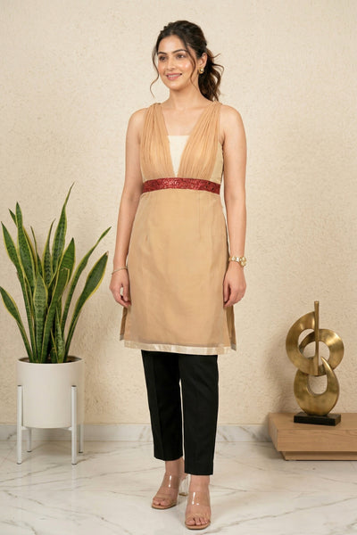 Elegant Beige Gathered Chiffon Tunic with Maroon Sequin Empire Belt