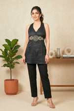 Elegant Black Semi-Silk Halter Tunic with Jeweled Waist Detail