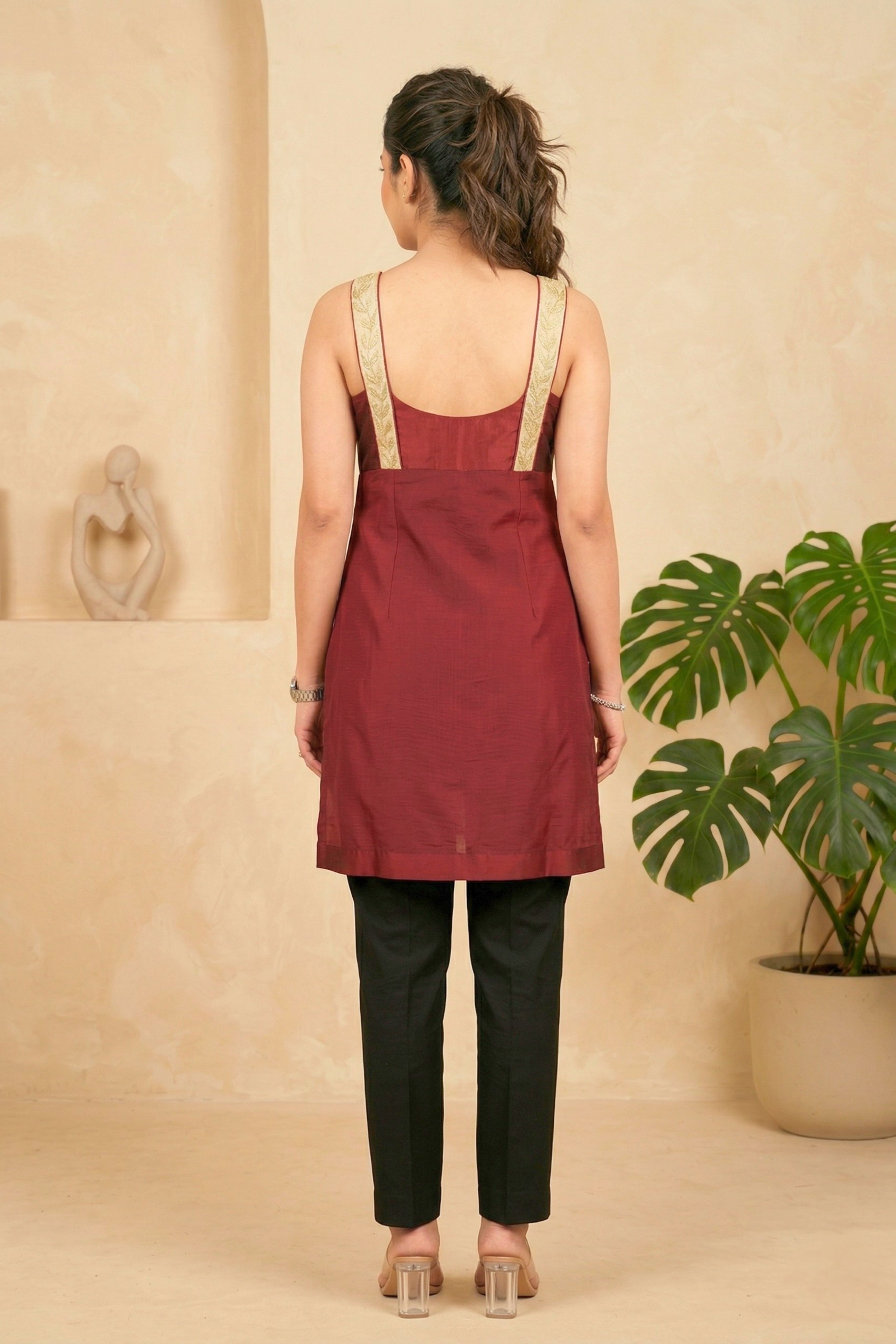 Elegant Maroon Silk & Chiffon Tunic with Embroidered Beige Straps